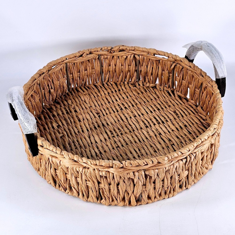 Round Woven Basket Tray with Wood Handles Natural Paper Rope Decor Organizer